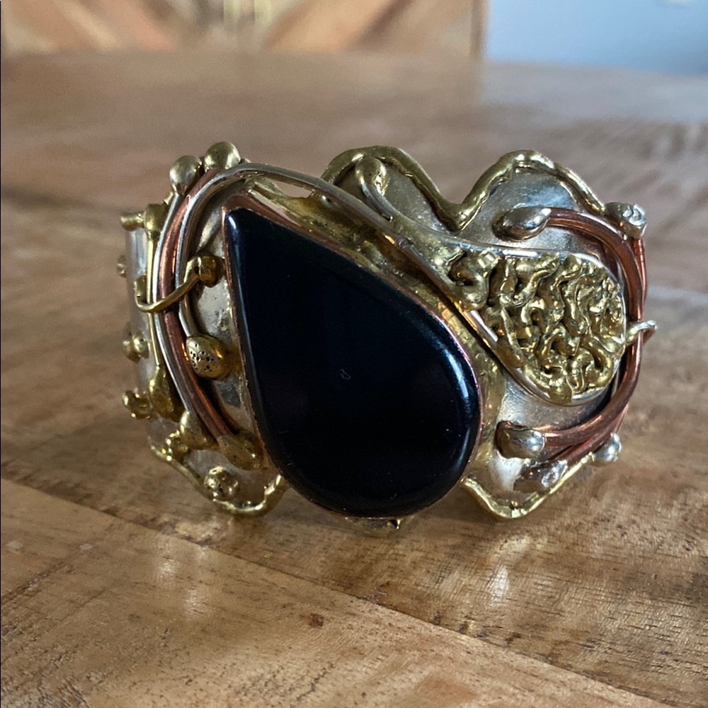 Vintage Mixed Metal & Black Agate Cuff